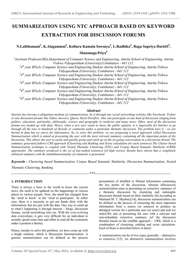 Summarization using ntc approach based on keyword extraction for