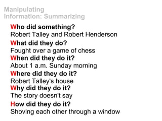 Manipulating Information: Summarizing W ho did something? Robert Talley and Robert Henderson W hat did they do? Fought over a game of chess W hen did they do it? About 1 a.m. Sunday morning W here did they do it? Robert Talley's house W hy did they do it? The story doesn't say H ow did they do it? Shoving each other through a window 