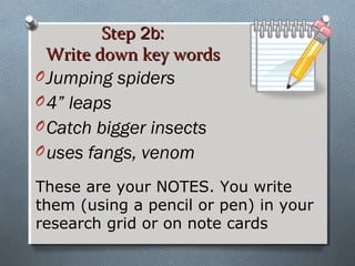 StepStep 2b:2b:
Write down key wordsWrite down key words
OJumping spiders
O4” leaps
OCatch bigger insects
Ouses fangs, venom
These are your NOTES. You write
them (using a pencil or pen) in your
research grid or on note cards
 