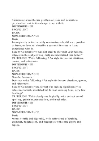 Summarize a health care problem or issue and describe a personal i.docx