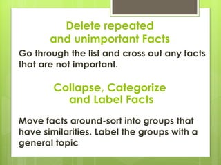 Delete repeated
       and unimportant Facts
Go through the list and cross out any facts
that are not important.

        Collapse, Categorize
          and Label Facts
Move facts around-sort into groups that
have similarities. Label the groups with a
general topic
 