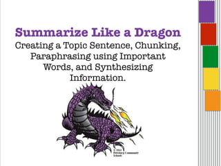 Summarize Like a Dragon
Creating a Topic Sentence, Chunking, 
Paraphrasing using Important
Words, and Synthesizing
Information.
 
