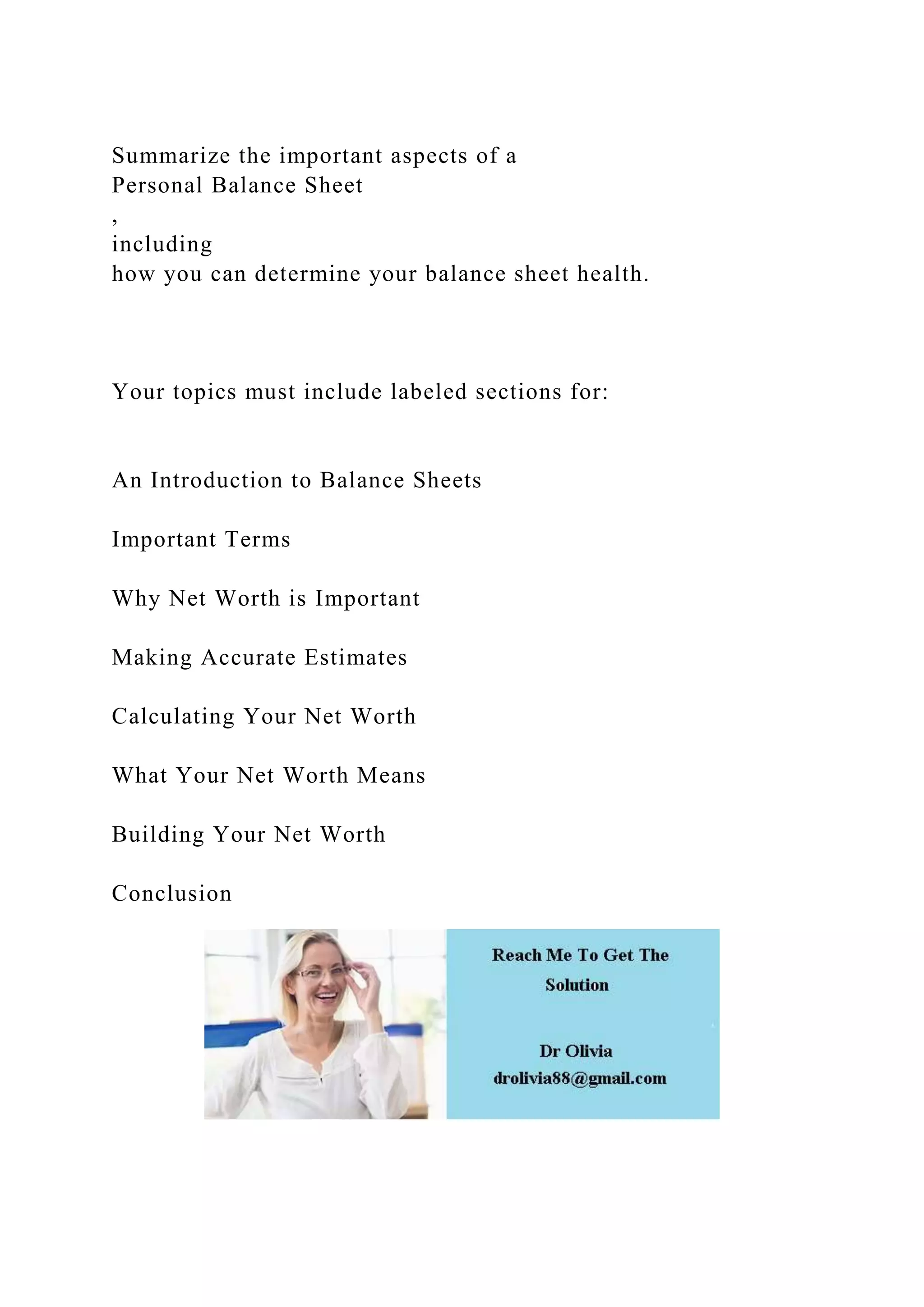 Summarize the important aspects of a Personal Balance Sheet, i.docx