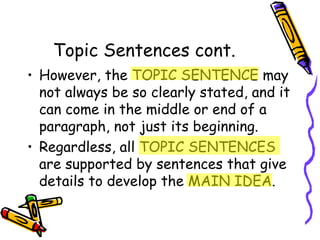 Topic Sentences cont. However, the TOPIC SENTENCE may not always be so clearly stated, and it can come in the middle or end of a paragraph, not just its beginning. Regardless, all TOPIC SENTENCES are supported by sentences that give details to develop the MAIN IDEA. 