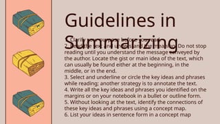 Guidelines in
Summarizing
1. Clarify your purpose before you read.
2. Read the text and understand the meaning. Do not stop
reading until you understand the message conveyed by
the author. Locate the gist or main idea of the text, which
can usually be found either at the beginning, in the
middle, or in the end.
3. Select and underline or circle the key ideas and phrases
while reading; another strategy is to annotate the text.
4. Write all the key ideas and phrases you identified on the
margins or on your notebook in a bullet or outline form.
5. Without looking at the text, identify the connections of
these key ideas and phrases using a concept map.
6. List your ideas in sentence form in a concept map
 