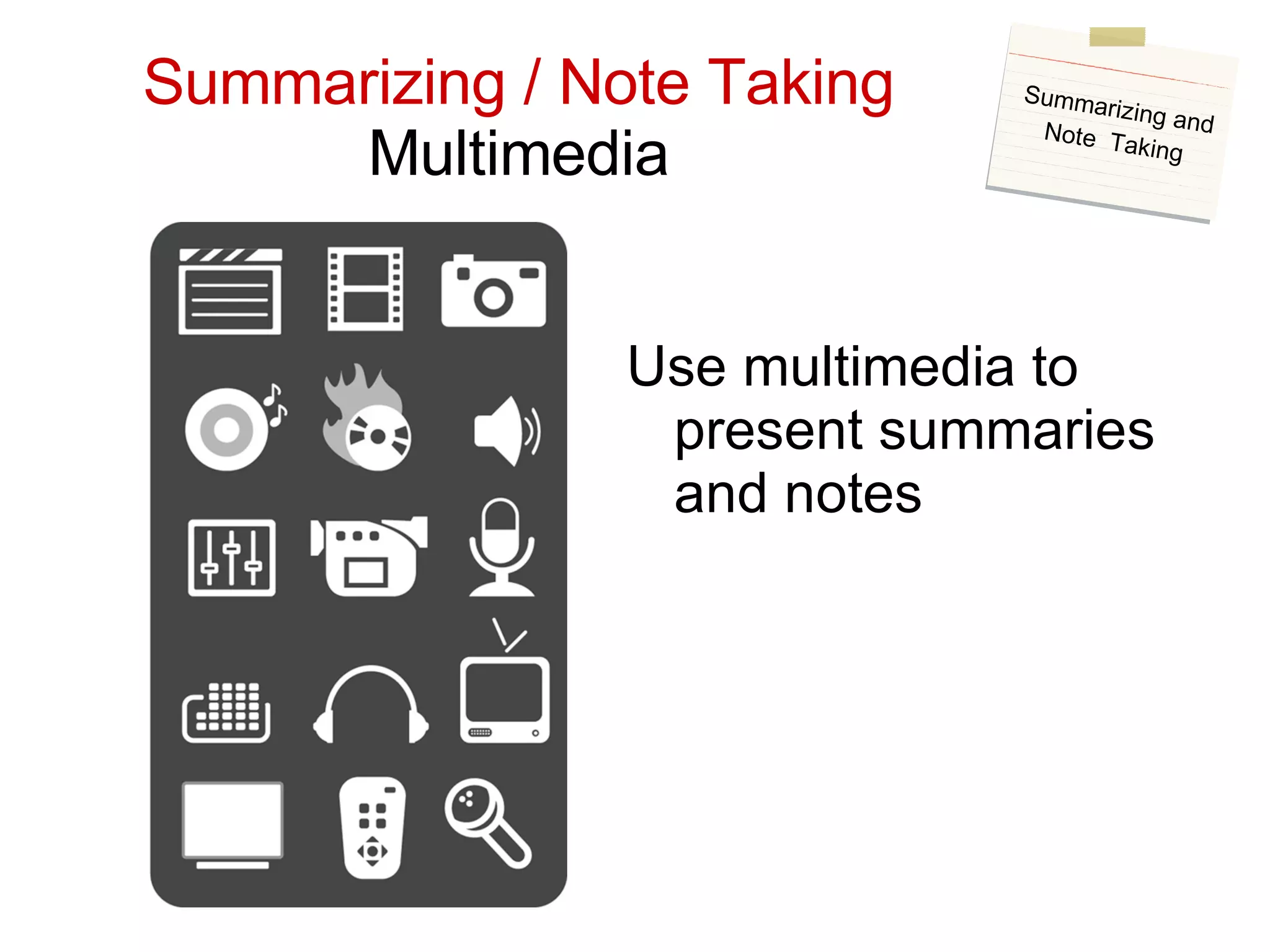 Summarizing / Note Taking Multimedia Use multimedia to present summaries and notes Summarizing and Note  Taking 