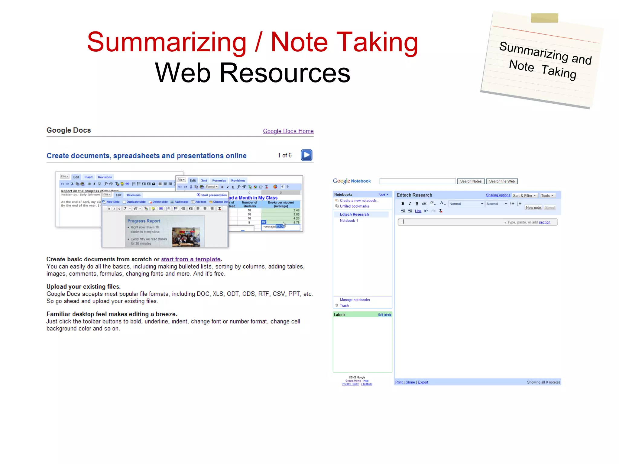 Summarizing / Note Taking Web Resources Summarizing and Note  Taking 