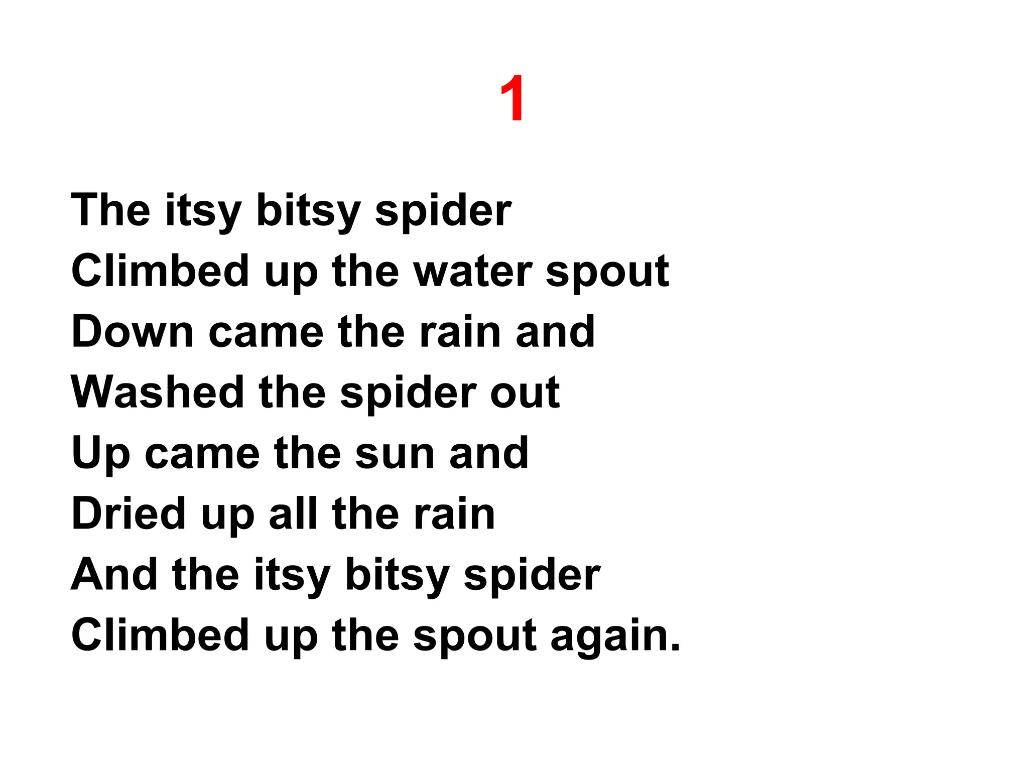 1
The itsy bitsy spider
Climbed up the water spout
Down came the rain and
Washed the spider out
Up came the sun and
Dried up all the rain
And the itsy bitsy spider
Climbed up the spout again.
 