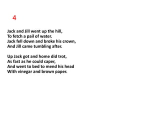4
Jack and Jill went up the hill,
To fetch a pail of water.
Jack fell down and broke his crown,
And Jill came tumbling after.
Up Jack got and home did trot,
As fast as he could caper,
And went to bed to mend his head
With vinegar and brown paper.
 