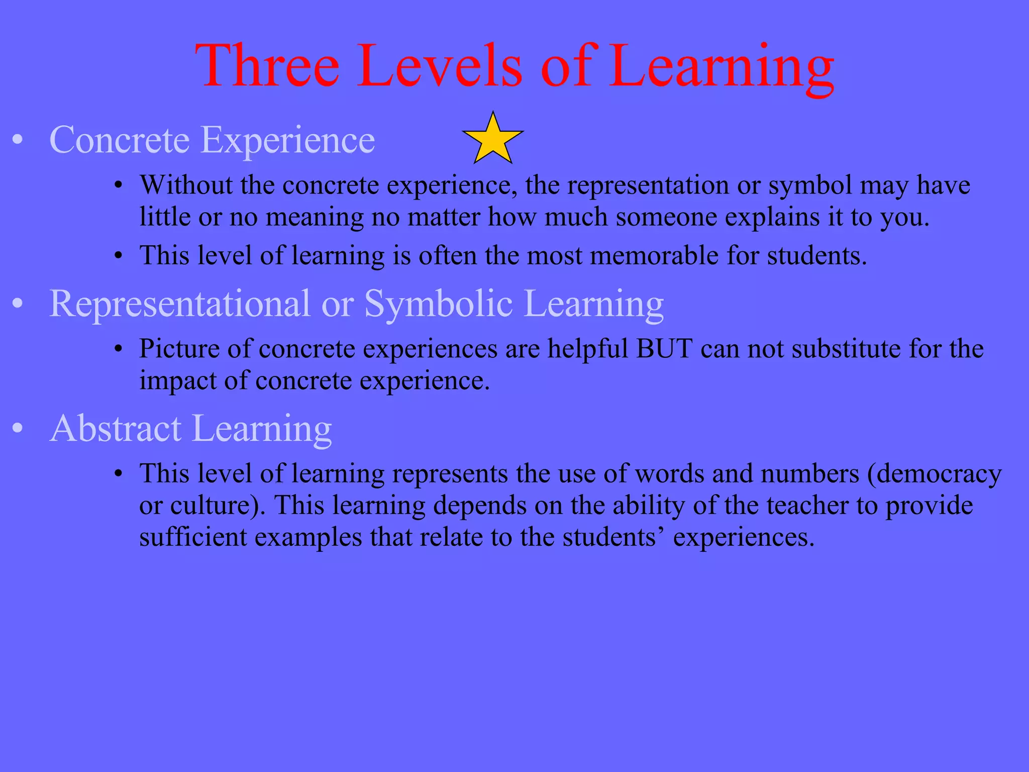 Three Levels of Learning Concrete Experience Without the concrete experience, the representation or symbol may have little or no meaning no matter how much someone explains it to you. This level of learning is often the most memorable for students. Representational or Symbolic Learning Picture of concrete experiences are helpful BUT can not substitute for the impact of concrete experience. Abstract Learning This level of learning represents the use of words and numbers (democracy or culture). This learning depends on the ability of the teacher to provide sufficient examples that relate to the students’ experiences. 