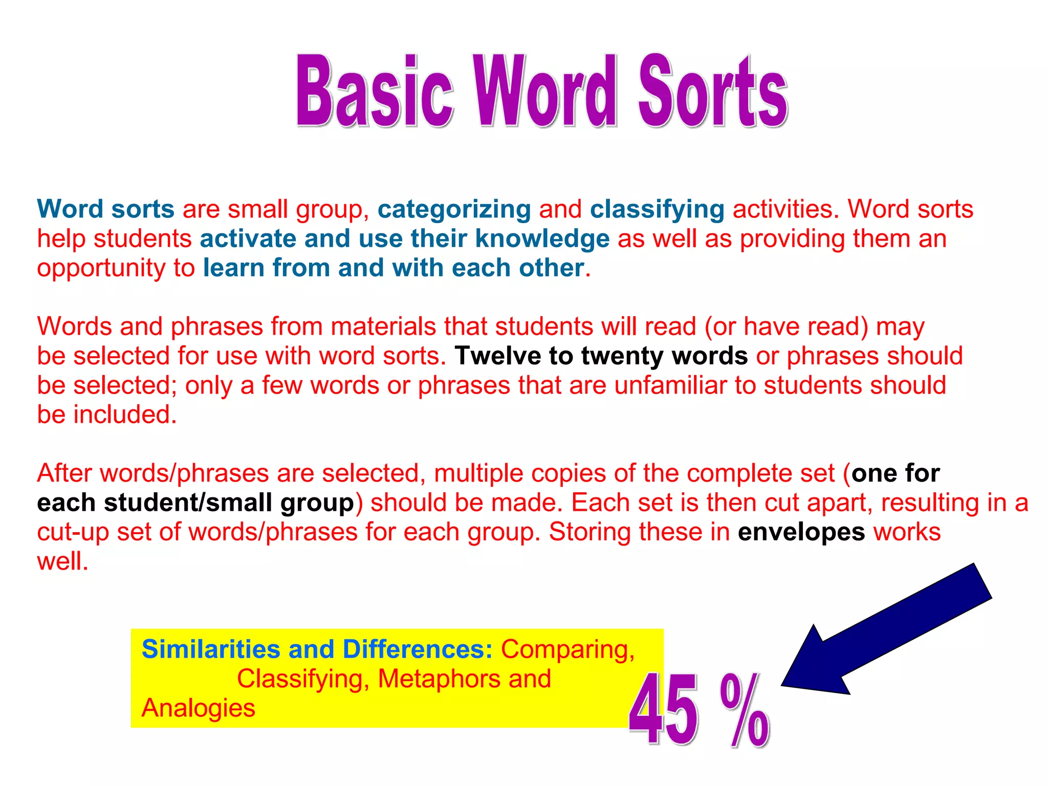Word sorts  are small group,  categorizing   and  classifying  activities. Word sorts help students  activate and use their knowledge  as well as providing them an opportunity to  learn from and with each other . Words and phrases from materials that students will read (or have read) may be selected for use with word sorts.  Twelve to twenty words  or phrases should be selected; only a few words or phrases that are unfamiliar to students should be included. After words/phrases are selected, multiple copies of the complete set ( one for each student/small group ) should be made. Each set is then cut apart, resulting in a cut-up set of words/phrases for each group. Storing these in  envelopes  works well. Basic Word Sorts Similarities and Differences:  Comparing,  Classifying, Metaphors and Analogies 45 % 