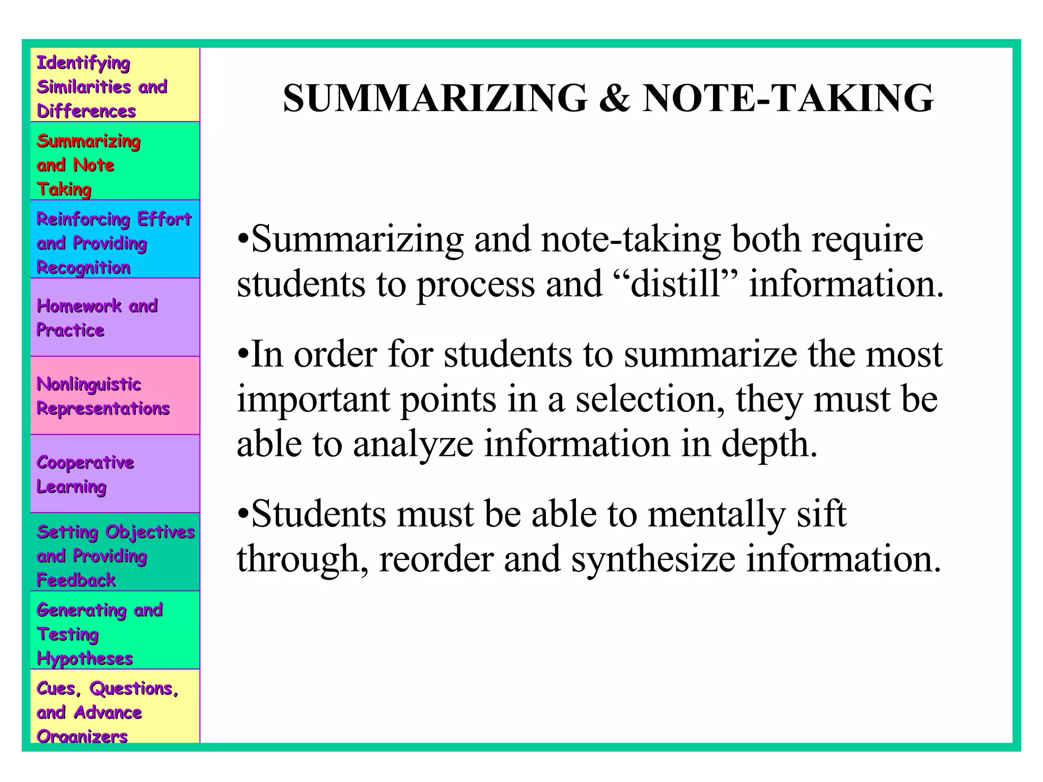 SUMMARIZING & NOTE-TAKING Summarizing and note-taking both require students to process and “distill” information. In order for students to summarize the most important points in a selection, they must be able to analyze information in depth. Students must be able to mentally sift through, reorder and synthesize information.  Identifying Similarities and Differences Summarizing and Note Taking Reinforcing Effort and Providing Recognition Homework and Practice Nonlinguistic Representations Cooperative Learning Setting Objectives and Providing Feedback Generating and Testing Hypotheses Cues, Questions, and Advance Organizers 