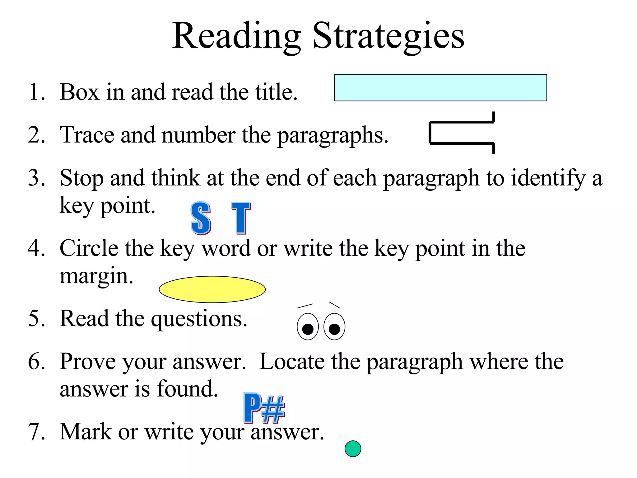 Reading Strategies Box in and read the title. Trace and number the paragraphs. Stop and think at the end of each paragraph to identify a key point. Circle the key word or write the key point in the margin. Read the questions. Prove your answer.  Locate the paragraph where the answer is found. Mark or write your answer. S  T P# 