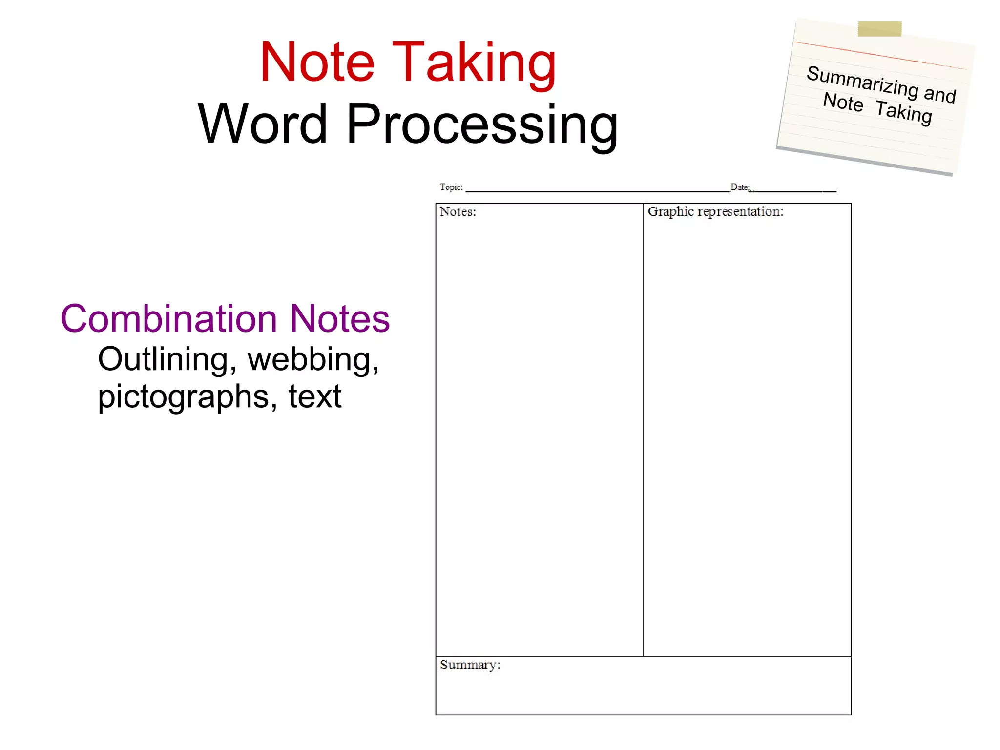Note Taking Word Processing Combination Notes Outlining, webbing, pictographs, text Summarizing and Note  Taking 