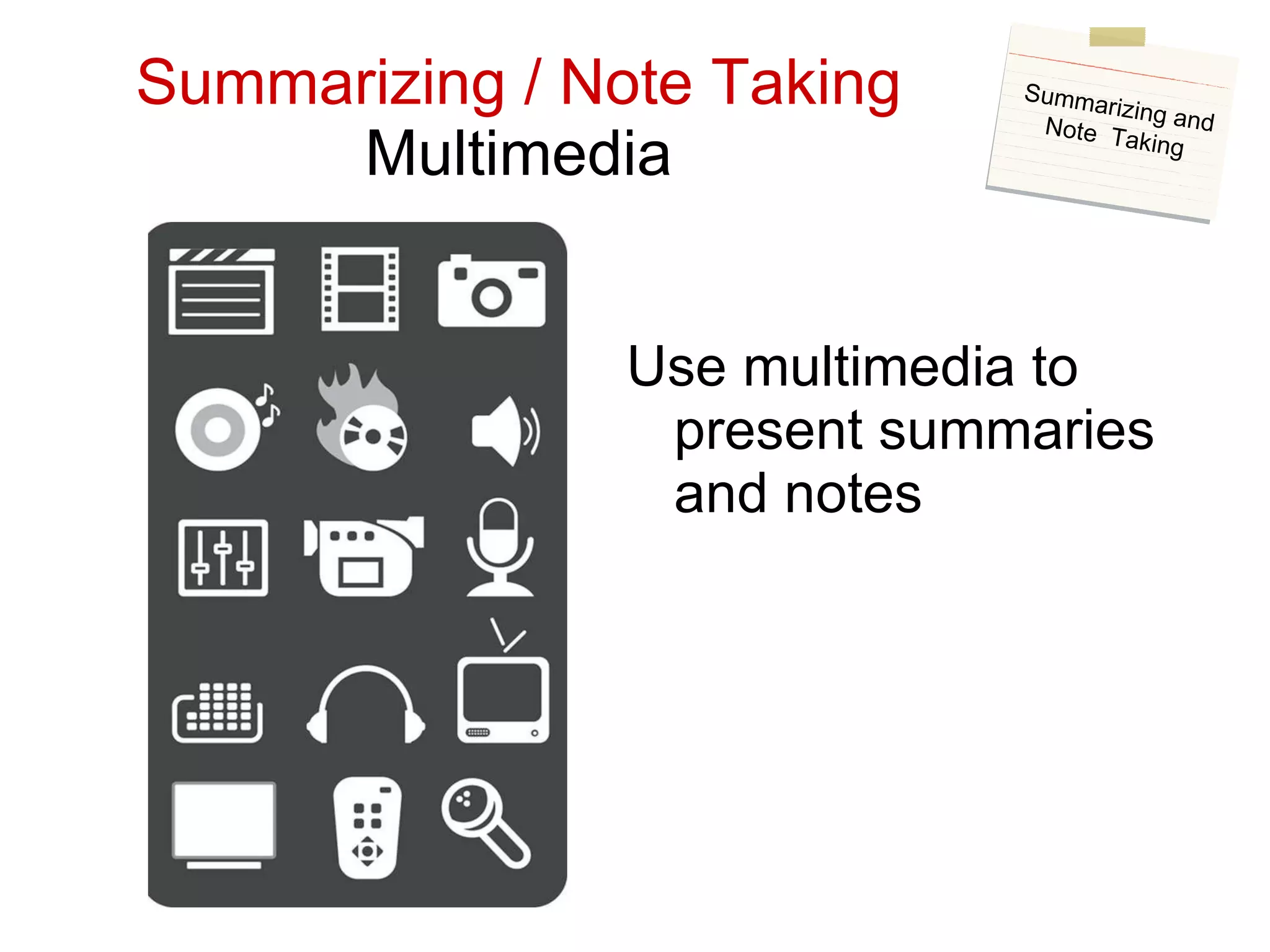 Summarizing / Note Taking Multimedia Use multimedia to present summaries and notes Summarizing and Note  Taking 