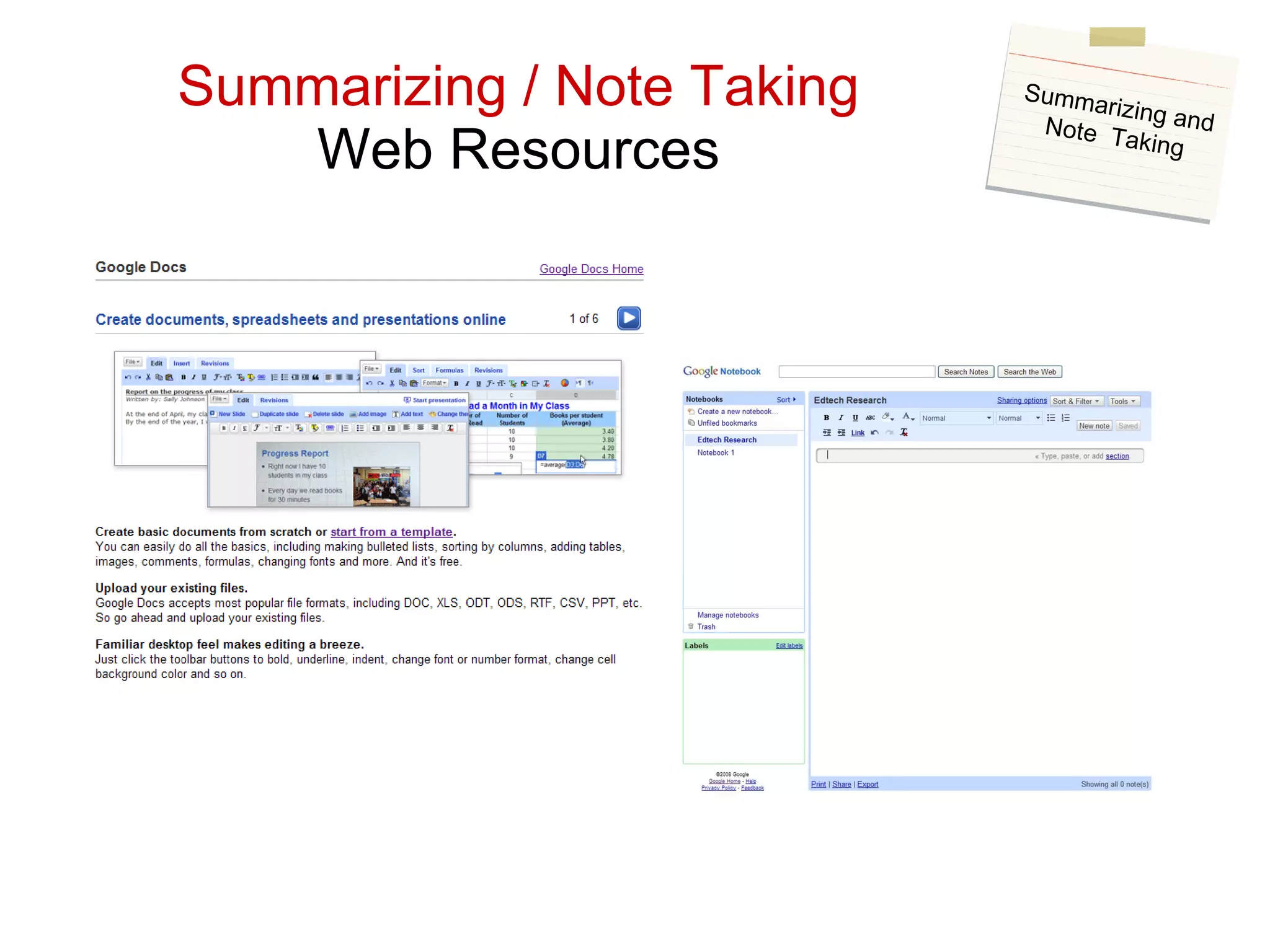 Summarizing / Note Taking Web Resources Summarizing and Note  Taking 