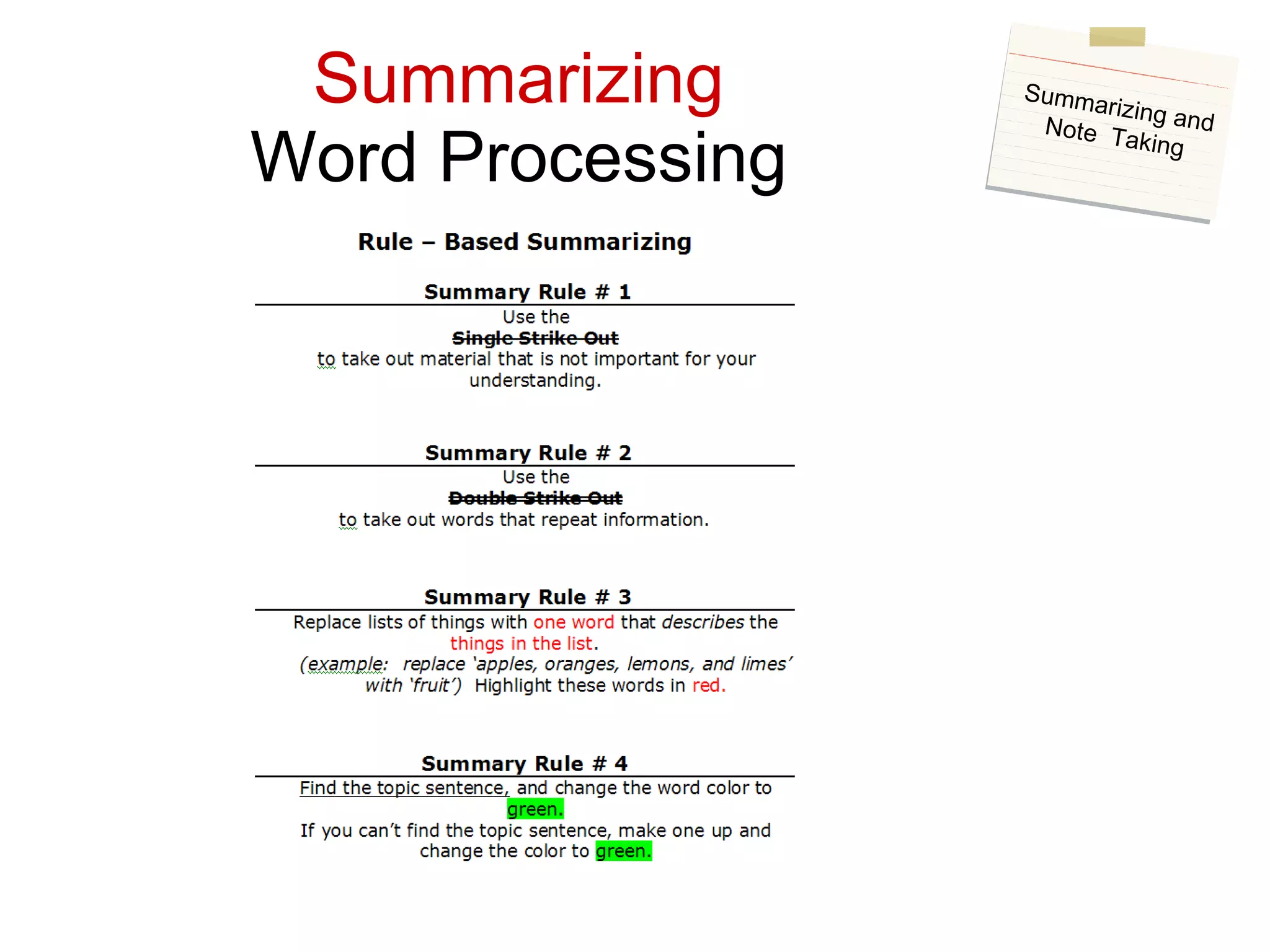 Summarizing Word Processing Summarizing and Note  Taking 