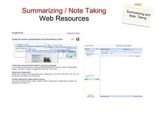 Summarizing / Note Taking Web Resources Summarizing and Note  Taking 
