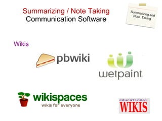 Summarizing / Note Taking Communication Software Wikis Summarizing and Note  Taking 