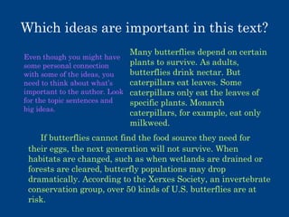 Which ideas are important in this text?
Even though you might have
some personal connection
with some of the ideas, you
need to think about what’s
important to the author. Look
for the topic sentences and
big ideas.

Many butterflies depend on certain
plants to survive. As adults,
butterflies drink nectar. But
caterpillars eat leaves. Some
caterpillars only eat the leaves of
specific plants. Monarch
caterpillars, for example, eat only
milkweed.

If butterflies cannot find the food source they need for
their eggs, the next generation will not survive. When
habitats are changed, such as when wetlands are drained or
forests are cleared, butterfly populations may drop
dramatically. According to the Xerxes Society, an invertebrate
conservation group, over 50 kinds of U.S. butterflies are at
risk.

 