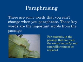 Paraphrasing
There are some words that you can’t
change when you paraphrase. These key
words are the important words from the
passage.
For example, in the
passage that we read,
the words butterfly and
caterpillar cannot be
replaced

 