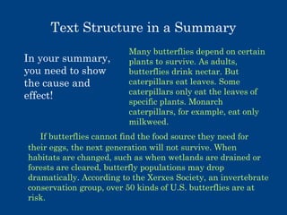 Text Structure in a Summary
In your summary,
you need to show
the cause and
effect!

Many butterflies depend on certain
plants to survive. As adults,
butterflies drink nectar. But
caterpillars eat leaves. Some
caterpillars only eat the leaves of
specific plants. Monarch
caterpillars, for example, eat only
milkweed.

If butterflies cannot find the food source they need for
their eggs, the next generation will not survive. When
habitats are changed, such as when wetlands are drained or
forests are cleared, butterfly populations may drop
dramatically. According to the Xerxes Society, an invertebrate
conservation group, over 50 kinds of U.S. butterflies are at
risk.

 