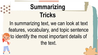 SUMMARIZING VARIOUS TEXTTYPES QUARTER 3 WEEK 4 ENGLISH 5 | PPTX