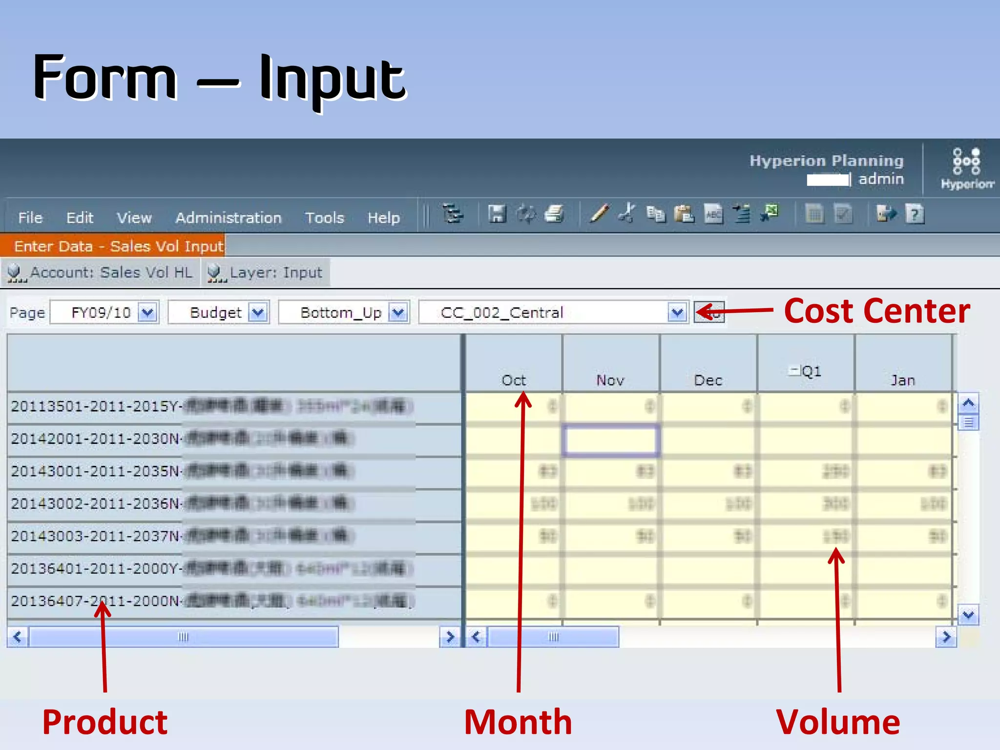 Form – Input


                       Cost Center




Product        Month   Volume
 