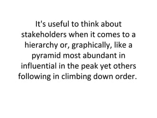 It's useful to think about stakeholders when it comes to a hierarchy or, graphically, like a pyramid most abundant in influential in the peak yet others following in climbing down order.  