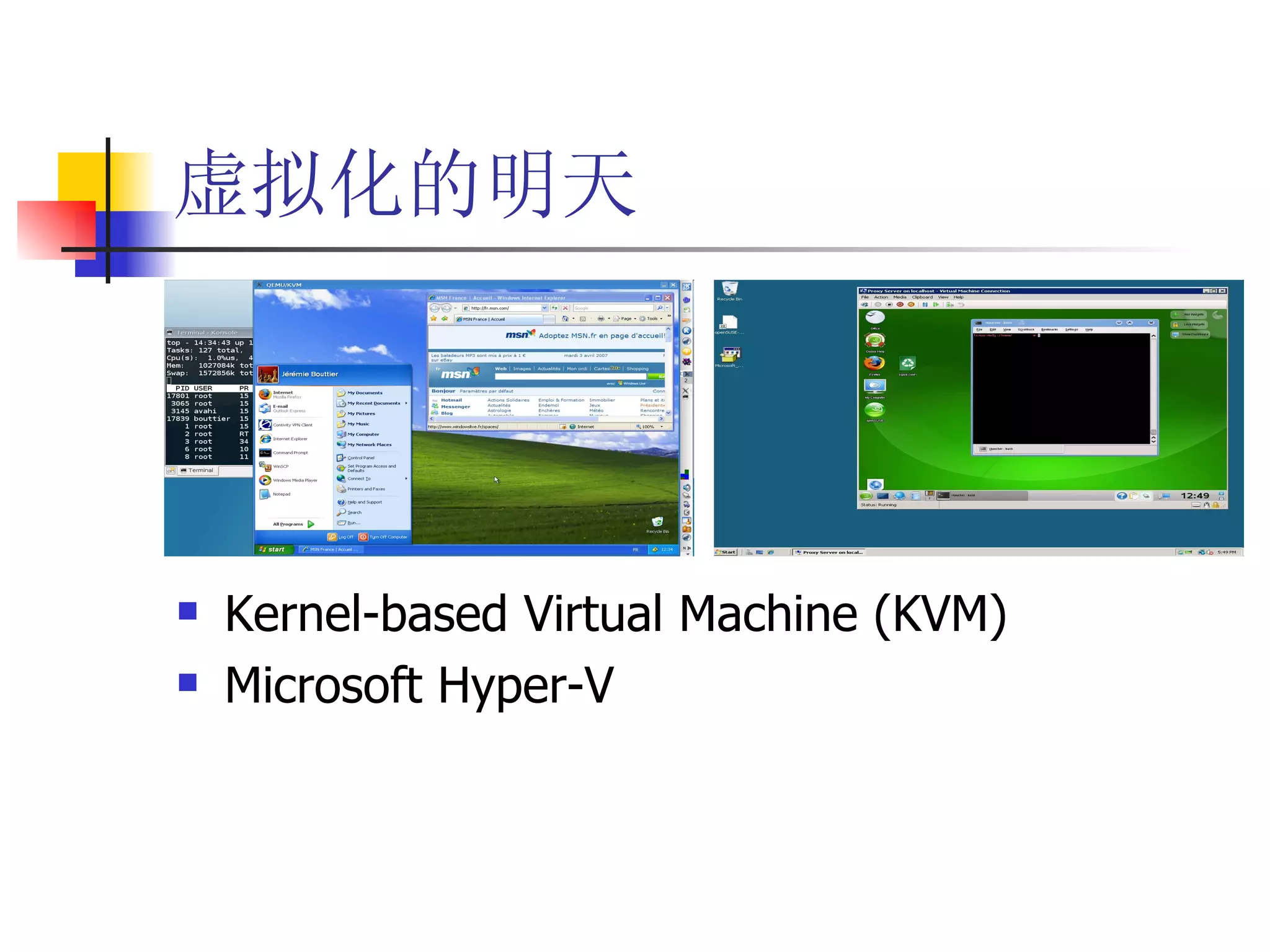 虚拟化的明天




   Kernel-based Virtual Machine (KVM)
   Microsoft Hyper-V
 
