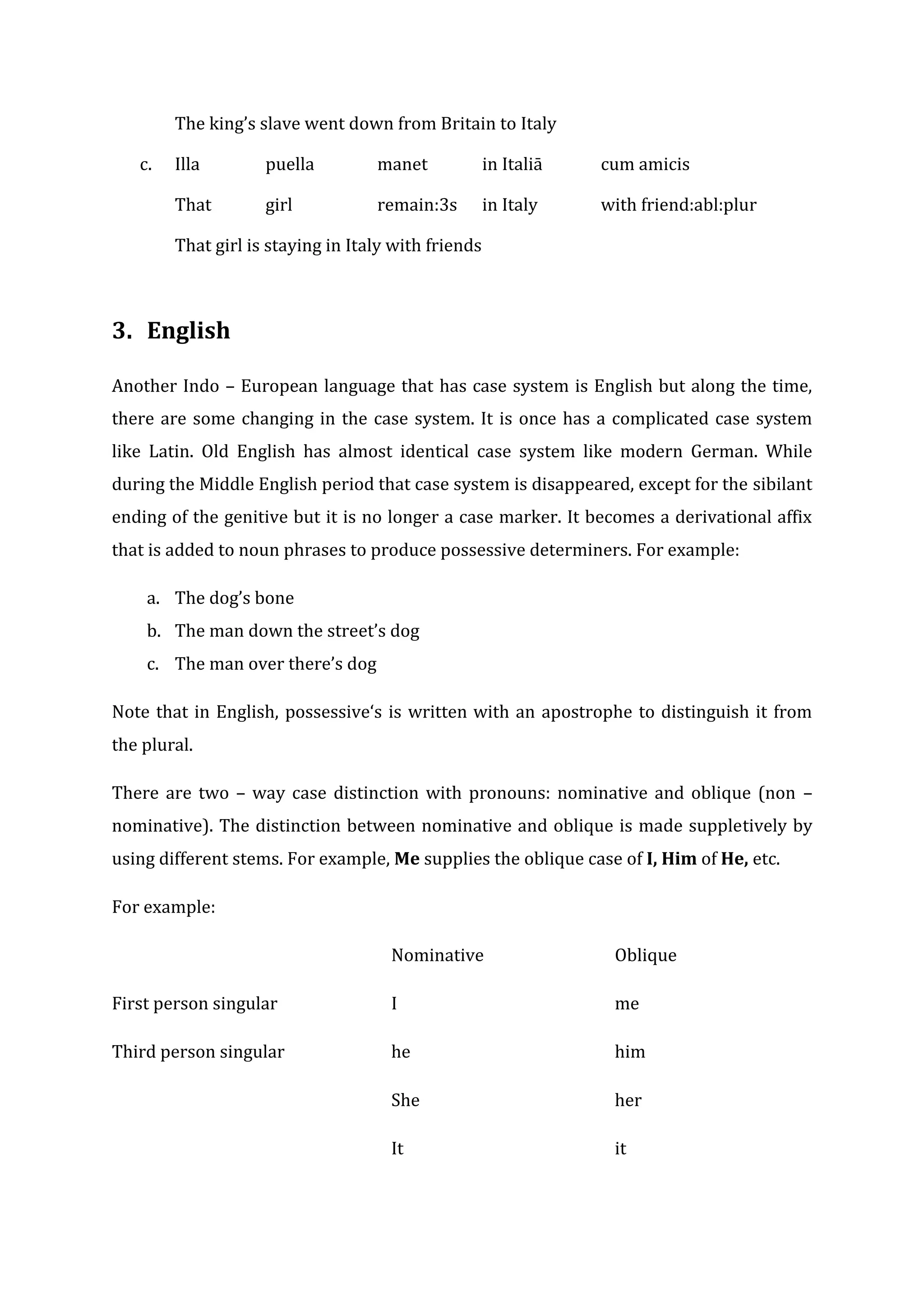 The king’s slave went down from Britain to Italy

   c.   Illa        puella         manet             in Italiā   cum amicis

        That        girl           remain:3s         in Italy    with friend:abl:plur

        That girl is staying in Italy with friends



3. English

Another Indo – European language that has case system is English but along the time,
there are some changing in the case system. It is once has a complicated case system
like Latin. Old English has almost identical case system like modern German. While
during the Middle English period that case system is disappeared, except for the sibilant
ending of the genitive but it is no longer a case marker. It becomes a derivational affix
that is added to noun phrases to produce possessive determiners. For example:

    a. The dog’s bone
    b. The man down the street’s dog
    c. The man over there’s dog

Note that in English, possessive‘s is written with an apostrophe to distinguish it from
the plural.

There are two – way case distinction with pronouns: nominative and oblique (non –
nominative). The distinction between nominative and oblique is made suppletively by
using different stems. For example, Me supplies the oblique case of I, Him of He, etc.

For example:

                                     Nominative                   Oblique

First person singular                I                            me

Third person singular                he                           him

                                     She                          her

                                     It                           it
 
