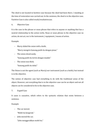 The shed is not located in factitive case because the shed had been there / standing at
the time of restoration was carried out. In the sentence, the shed is in the objective case.
Factitive Case is also called result/resultativecase.

6.       Objective Case

It is the case in the phrase or noun phrase that refers to anyone or anything that has a
neutral relationship to the action verbs. Noun or noun phrase in the objective case no
action, do not act, nor is the instrument / equipment / means of action.

Example:

     -   Marry slided the onion with a knife.

         “Marry mengiris bawang putih itu dengan pisau.”
     -   The onion sliced easily.

         “bawang putih itu teriris dengan mudah.”

     -   The onion was thick.

         “bawang putih itu tebal.”

The Onion is not the agent (such as Marry) nor instrument (such as a knife); but instead
is in the objective.

The notion of objective case had everything to do with the traditional sense of the
object. However, not everything that is in the objective case can be an object and not all
objects can be considered to be in the objective case.

7.       Ergatif Case

It cases is causative, which refers to the syntactic relation that exists between a
sentence.

Example:

     -   The car moved.

         “Mobil itu bergerak.”

     -   John moved the car.

         “John menggerakkan mobil itu.”
 