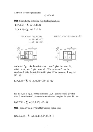 And with the same procedures
                                    F2 = Z + XY


Q14- Simplify the following two Boolean functions
 F1(X,Y.Z) =   ∑    m(1,3.4,5,6)

F2 (X,Y,Z) =   ∑    m(1,2,3,5.7)




As in the fig1.14a the minterms 1, and 3 give the term XZ ,
minterms 4, and 6 give term XZ . The minterm 5 can be
combined with the minterm 4 to give XY or minterm 1 to give
Y Z so :


F1(X,Y.Z) =    ∑   m(1,3.4,5,6) = XZ + XZ + Y Z




For the F2 as in fig.2.14b the minterms 1,3,4,7 combined and give the
term Z, the minterm 2 combined with minterm 3 to give the term XY so :

F2 (X,Y,Z) =   ∑   m(1,2,3,5.7) = Z + XY

Q15- Simplifying a 4-Variable Function with a Map


F(W,X,Y,Z) =   ∑     m(0,l,2,4,5,6,8,9,10,12,13)



                                      13
 