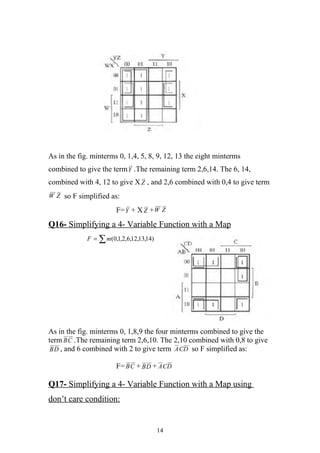 As in the fig. minterms 0, 1,4, 5, 8, 9, 12, 13 the eight minterms
combined to give the term Y .The remaining term 2,6,14. The 6, 14,
combined with 4, 12 to give X Z , and 2,6 combined with 0,4 to give term
W Z so F simplified as:

                       F= Y + X Z + W Z
Q16- Simplifying a 4- Variable Function with a Map
             F = ∑ m(0,1,2,6,12,13,14)




As in the fig. minterms 0, 1,8,9 the four minterms combined to give the
term B C .The remaining term 2,6,10. The 2,10 combined with 0,8 to give
 B D , and 6 combined with 2 to give term A CD so F simplified as:

                       F= B C + B D + A CD

Q17- Simplifying a 4- Variable Function with a Map using
don’t care condition:


                                         14
 