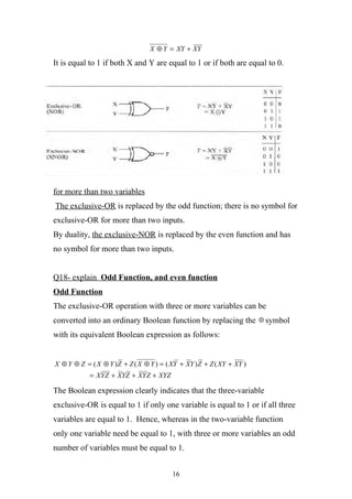 X ⊕ Y = XY + XY

It is equal to 1 if both X and Y are equal to 1 or if both are equal to 0.




for more than two variables
The exclusive-OR is replaced by the odd function; there is no symbol for
exclusive-OR for more than two inputs.
By duality, the exclusive-NOR is replaced by the even function and has
no symbol for more than two inputs.


Q18- explain Odd Function, and even function
Odd Function
The exclusive-OR operation with three or more variables can be
converted into an ordinary Boolean function by replacing the ⊕ symbol
with its equivalent Boolean expression as follows:


X ⊕ Y ⊕ Z = ( X ⊕ Y ) Z + Z ( X ⊕ Y ) = ( XY + XY ) Z + Z ( XY + XY )
            = XY Z + XYZ + XY Z + XYZ

The Boolean expression clearly indicates that the three-variable
exclusive-OR is equal to 1 if only one variable is equal to 1 or if all three
variables are equal to 1. Hence, whereas in the two-variable function
only one variable need be equal to 1, with three or more variables an odd
number of variables must be equal to 1.


                                          16
 