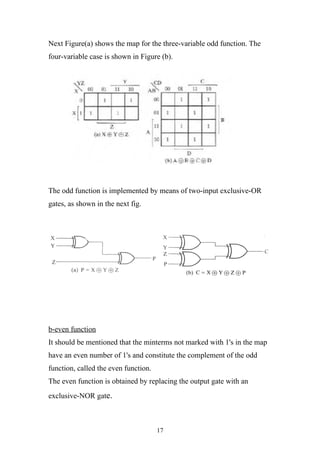 Next Figure(a) shows the map for the three-variable odd function. The
four-variable case is shown in Figure (b).




The odd function is implemented by means of two-input exclusive-OR
gates, as shown in the next fig.




b-even function
It should be mentioned that the minterms not marked with 1's in the map
have an even number of 1's and constitute the complement of the odd
function, called the even function.
The even function is obtained by replacing the output gate with an
exclusive-NOR gate.



                                      17
 