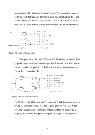 latch is changed by placing a 0 on the R input. This causes the circuit to
      go to the reset state and stay there even after both inputs return to 1. The
      condition that is undefined for this NAND latch is when both inputs are
      equal to 0 at the same time, an input combination that should be avoided.




Figure 3.5 Latch with nand gates


            The operation of the basic NOR and NAND latches can be modified
      by providing an additional control input that determines when the state of
      the latch can be changed. An SR latch with a control input is shown in
      Figure 3.6. It consists of the




   Figure 3.6 SR Latch with control

      The D latch in VLSI circuits is often constructed with transmission gates
      (TGs). As shown in Figure -3.8. The C input controls two TGs. When
      C=1, the TG connected to input D conducts, and the TG connected to
      output Q disconnects .this produces a path from input D through two




                                           33
 