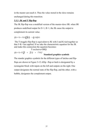 in the master can reach it. Thus the value stored in the slave remains
unchanged during this transition.
3.3.3 JK and T filp-flop
The JK flip-flop was a modified version of the master-slave SR. when SR
produces undefined output for S=1, R=1, the JK cause the output to
complement its current value.
                  _        _
Q(t + 1) = J (t ) Q(t ) + k (t )Q(t )

 The T (toggle) flip-flop is equivalent to JK with J and K tied together so
that J=K=1are applied. If we take the characteristic equation for the JK
and make this connection the equation becomes:
           _       _
                     T exclusive-ORQ
Q(t + 1) =T Q     +   TQ       = T ⊕Q
                                        Standard graphics symbols
The stander graphics symbols for the different types of latches and flip-
flops are shown in Figure 3-12.Aflip –flop or latch is designated by a
rectangular block with inputs on the left and outputs on the right. One
output designates the normal state of the flip-flop, and the other, with a
bubble, designates the complement output.




                                         37
 