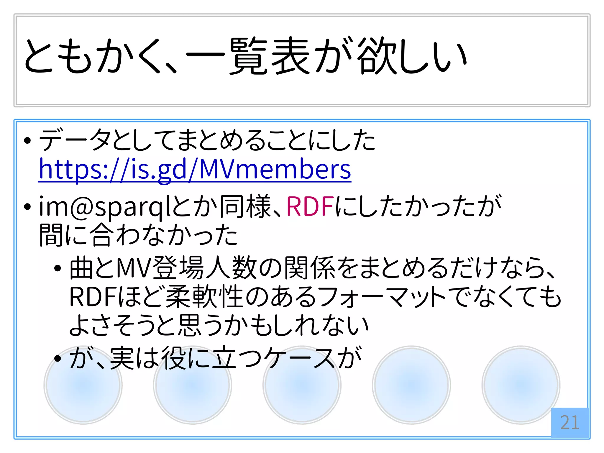 ともかく、一覧表が欲しい
• データとしてまとめることにした
https://is.gd/MVmembers
• im@sparqlとか同様、RDFにしたかったが
間に合わなかった
• 曲とMV登場人数の関係をまとめるだけなら、
RDFほど柔軟性のあるフォーマットでなくても
よさそうと思うかもしれない
• が、実は役に立つケースが
21
 