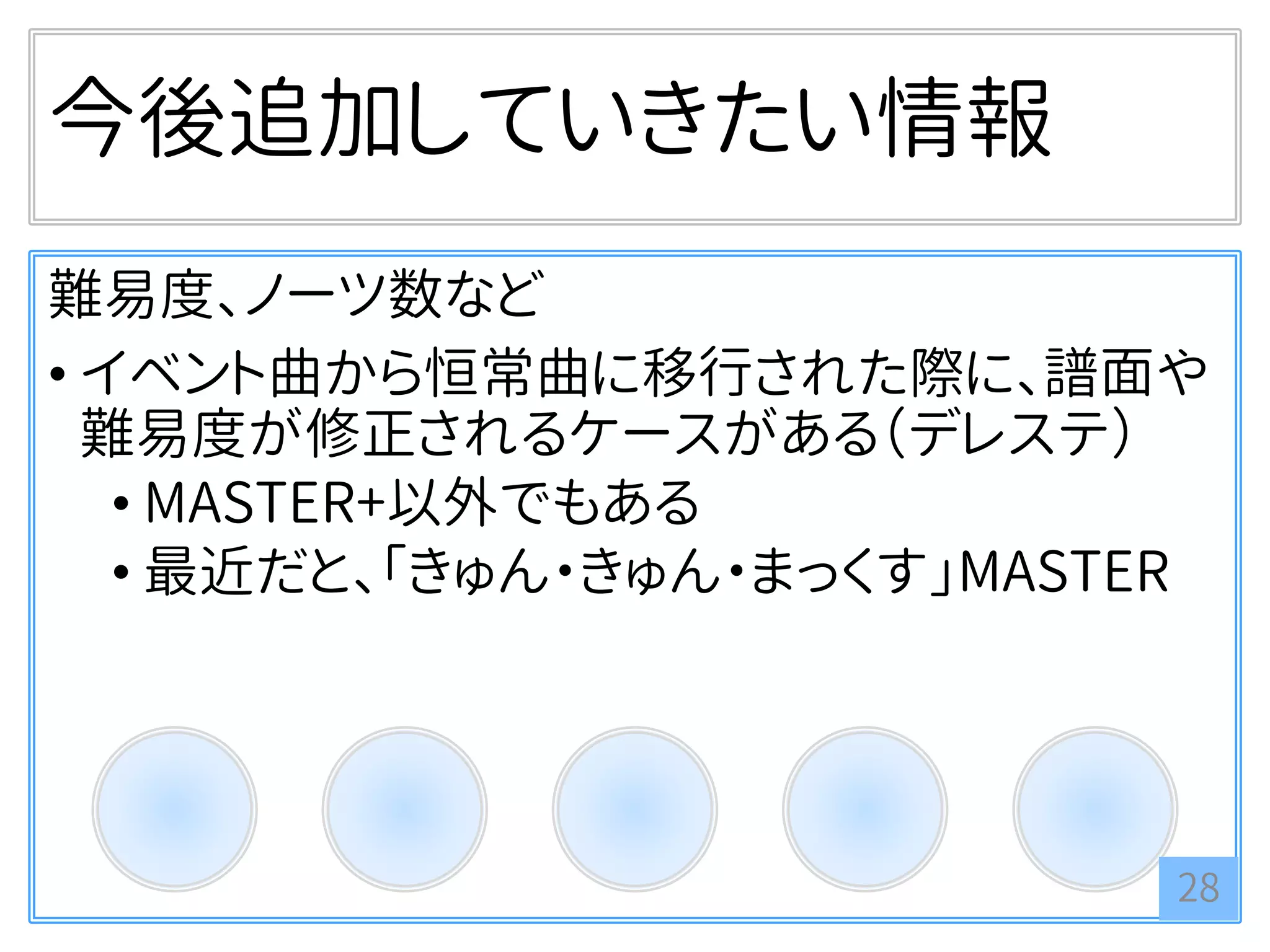 今後追加していきたい情報
難易度、ノーツ数など
• イベント曲から恒常曲に移行された際に、譜面や
難易度が修正されるケースがある（デレステ）
• MASTER+以外でもある
• 最近だと、「きゅん・きゅん・まっくす」MASTER
28
 