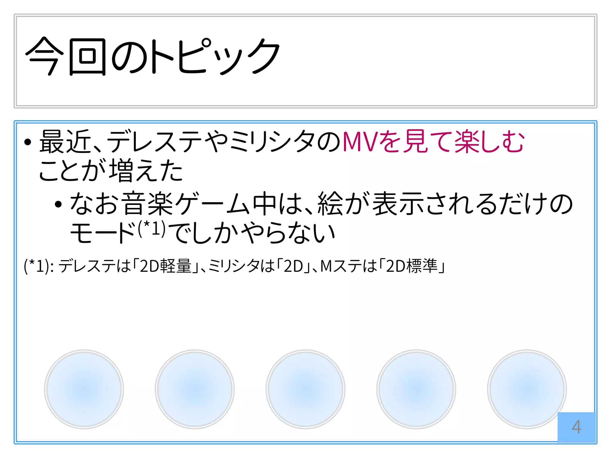 今回のトピック
• 最近、デレステやミリシタのMVを見て楽しむ
ことが増えた
• なお音楽ゲーム中は、絵が表示されるだけの
モード(*1)でしかやらない
(*1): デレステは「2D軽量」、ミリシタは「2D」、Mステは「2D標準」
4
 