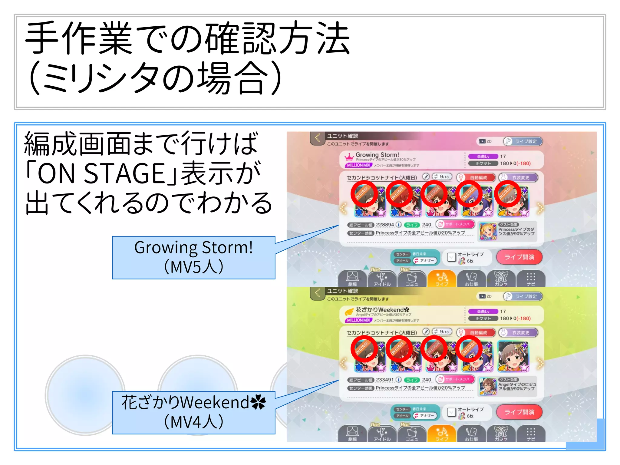 手作業での確認方法
（ミリシタの場合）
編成画面まで行けば
「ON STAGE」表示が
出てくれるのでわかる
9
Growing Storm!
（MV5人）
花ざかりWeekend✿
（MV4人）
 