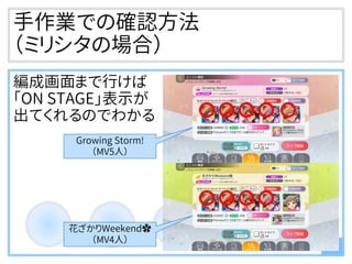 手作業での確認方法
（ミリシタの場合）
編成画面まで行けば
「ON STAGE」表示が
出てくれるのでわかる
9
Growing Storm!
（MV5人）
花ざかりWeekend✿
（MV4人）
 