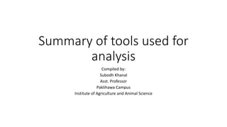 Summary of tools used for
analysis
Compiled by:
Subodh Khanal
Asst. Professor
Paklihawa Campus
Institute of Agriculture and Animal Science
 