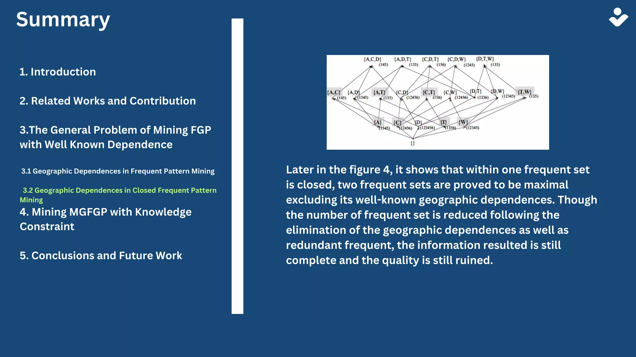 Summary
1. Introduction
2. Related Works and Contribution
3.The General Problem of Mining FGP
with Well Known Dependence
3.1 Geographic Dependences in Frequent Pattern Mining
3.2 Geographic Dependences in Closed Frequent Pattern
Mining
4. Mining MGFGP with Knowledge
Constraint
5. Conclusions and Future Work
Later in the figure 4, it shows that within one frequent set
is closed, two frequent sets are proved to be maximal
excluding its well-known geographic dependences. Though
the number of frequent set is reduced following the
elimination of the geographic dependences as well as
redundant frequent, the information resulted is still
complete and the quality is still ruined.
 