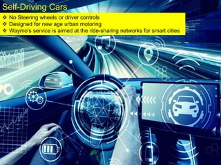  No Steering wheels or driver controls
 Designed for new age urban motoring
 Waymo’s service is aimed at the ride-sharing networks for smart cities
Self-Driving Cars
 