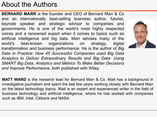 About the Authors
BERNARD MARR is the founder and CEO of Bernard Marr & Co
and an internationally best-selling business author, futurist,
keynote speaker and strategic advisor to companies and
governments. He is one of the world's most highly respected
voices and a renowned expert when it comes to topics such as
artificial intelligence and big data. Marr advises many of the
world's best-known organizations on strategy, digital
transformation and business performance. He is the author of Big
Data in Practice: How 45 Successful Companies used Big Data
Analytics to Deliver Extraordinary Results and Big Data: Using
SMART Big Data, Analytics and Metrics To Make Better Decisions
and Improve Performance, both published with Wiley.
MATT WARD is the research lead for Bernard Marr & Co. Matt has a background in
investigative journalism and spent the last few years working closely with Bernard Marr
on the latest technology topics. Matt is an expert and experienced writer in the field of
business technology and artificial intelligence, where he has worked with companies
such as IBM, Intel, Citibank and NASA.
 