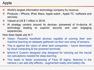  World’s largest information technology company by revenue.
 Products – IPhone, IPad, Macs, Apple watch , Apple TC –soft...