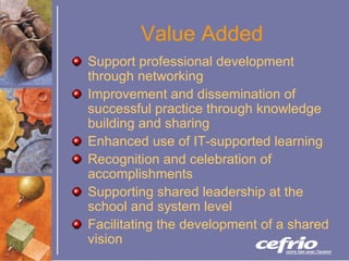 Value Added Support professional development through networking Improvement and dissemination of successful practice through knowledge building and sharing Enhanced use of IT-supported learning Recognition and celebration of accomplishments Supporting shared leadership at the school and system level  Facilitating the development of a shared vision  