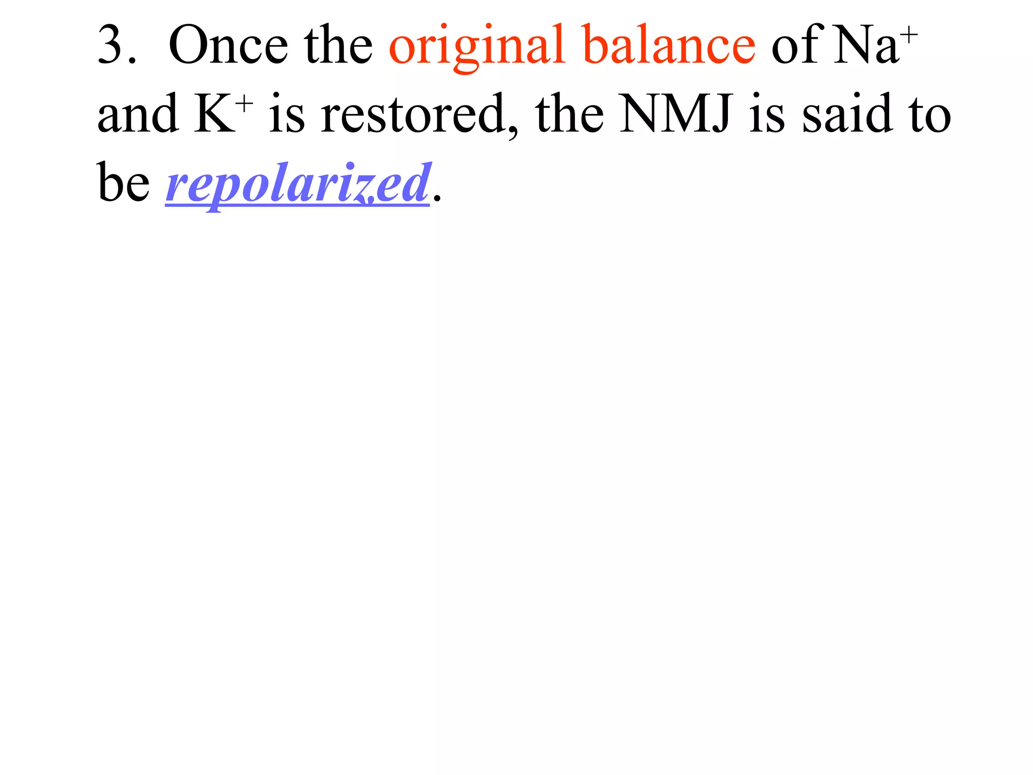 3.  Once the  original balance  of Na +  and K +  is restored, the NMJ is said to be  repolarized . 